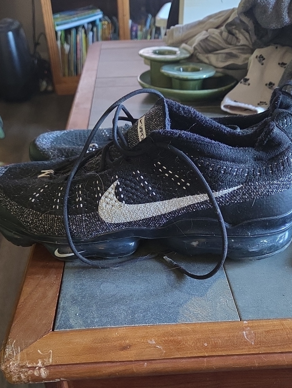 Nike Mens Black and White Flyknit VaporMax Sneakers